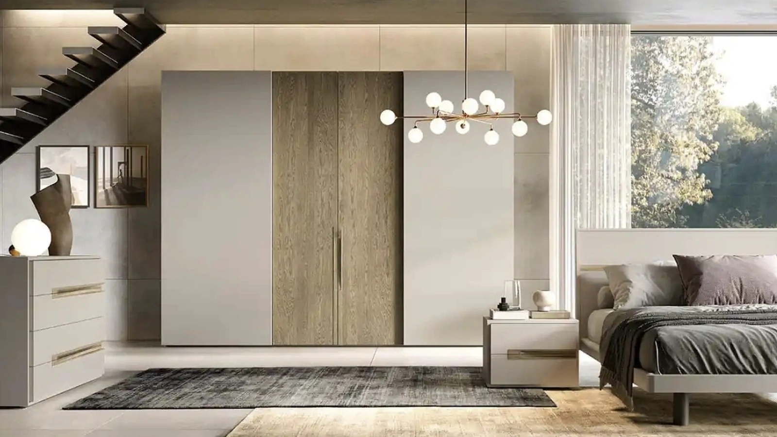 Wardrobe with sliding and hinged doors Libeccio Combinato C256 in lacquered and veneered Moretti Compact oak Day Night