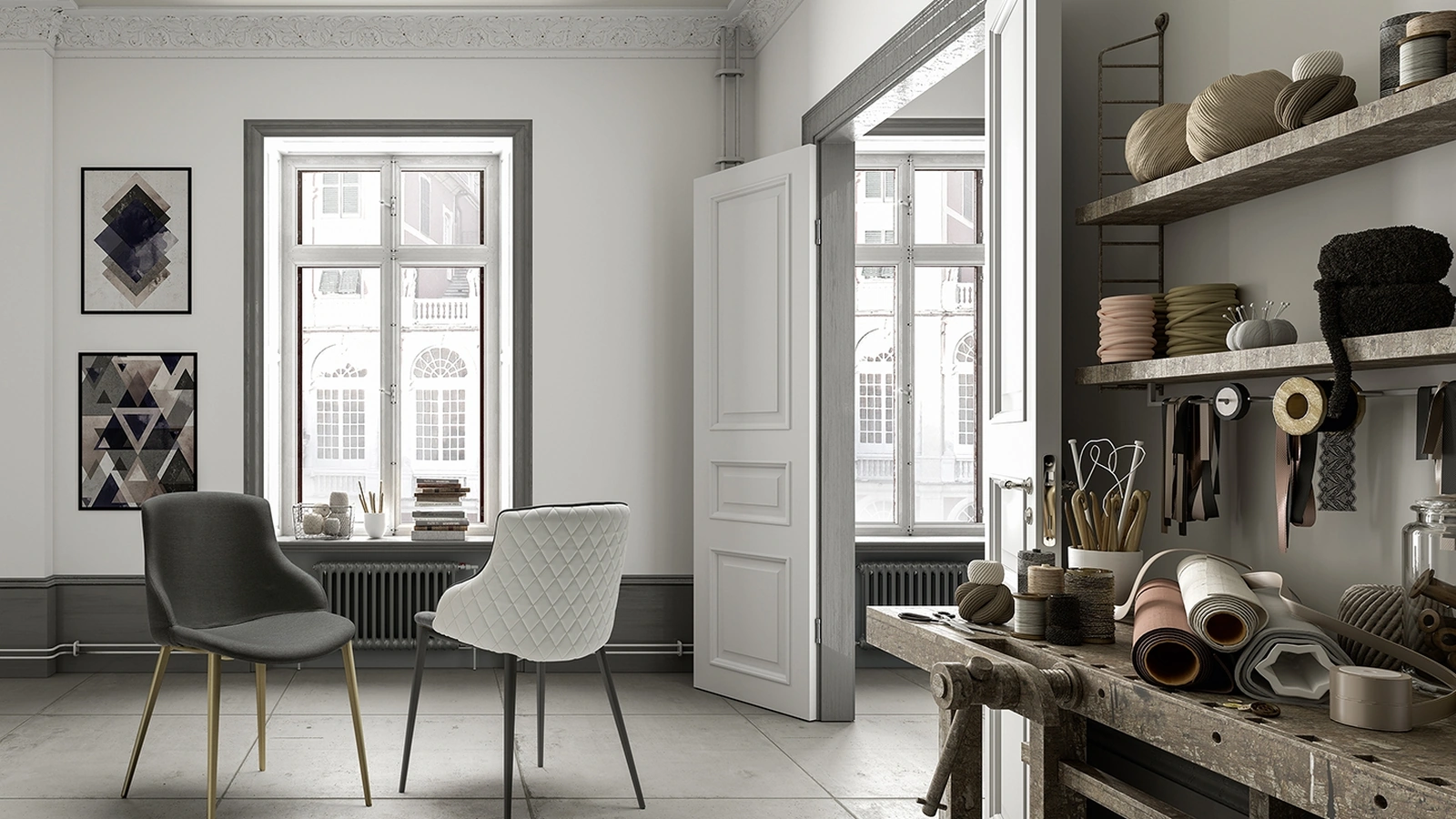 Duke A Chair in two-tone quilted fabric and leather by Zamagna