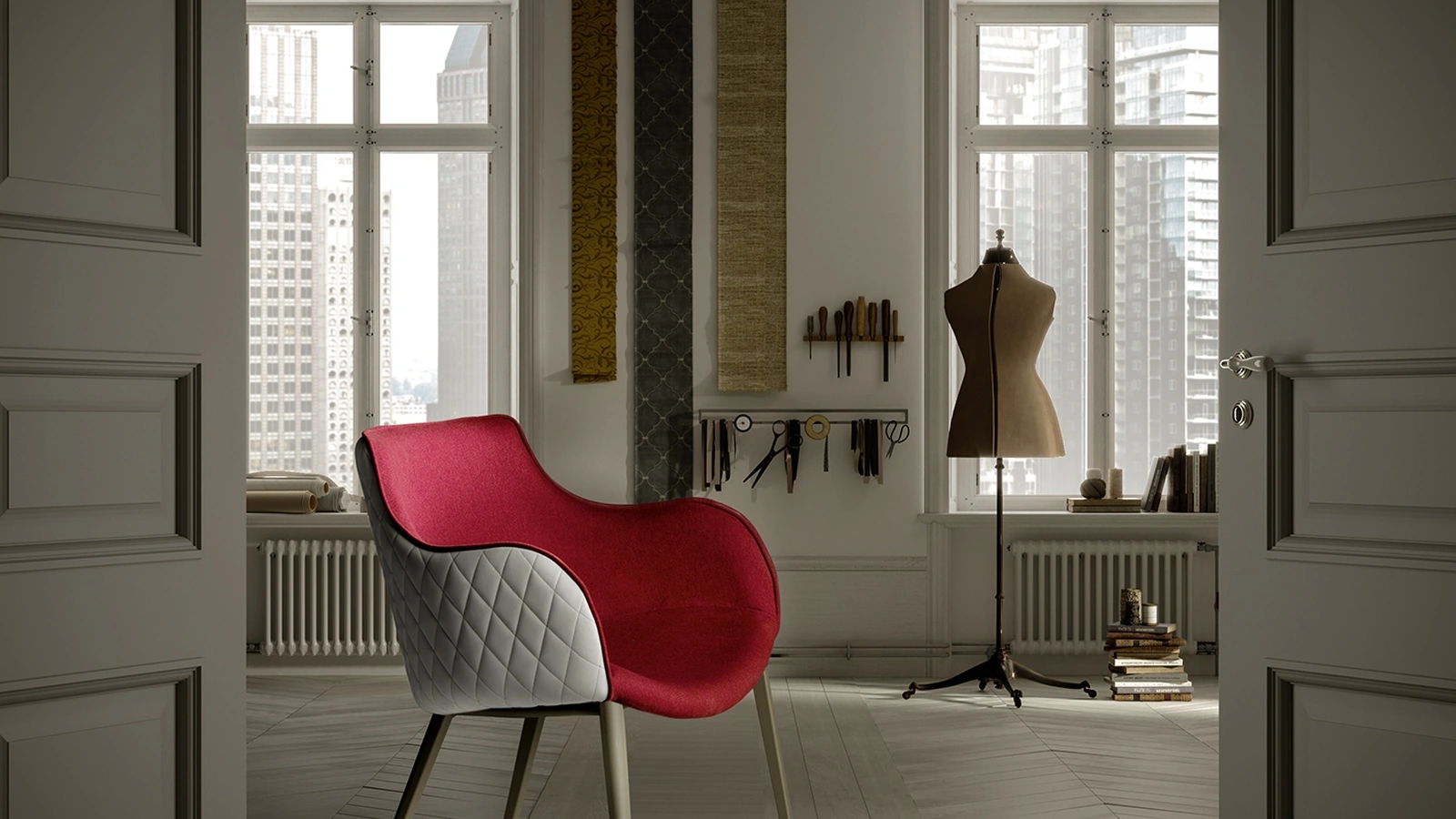 Duke B chair in two-tone quilted fabric and leather by Zamagna