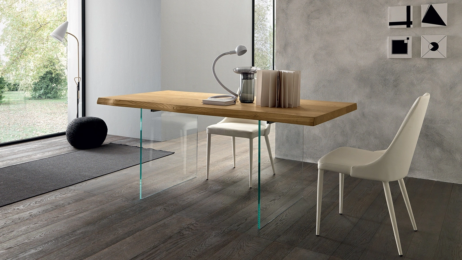Meridiano rectangular table by Altacon with wooden top and glass legs