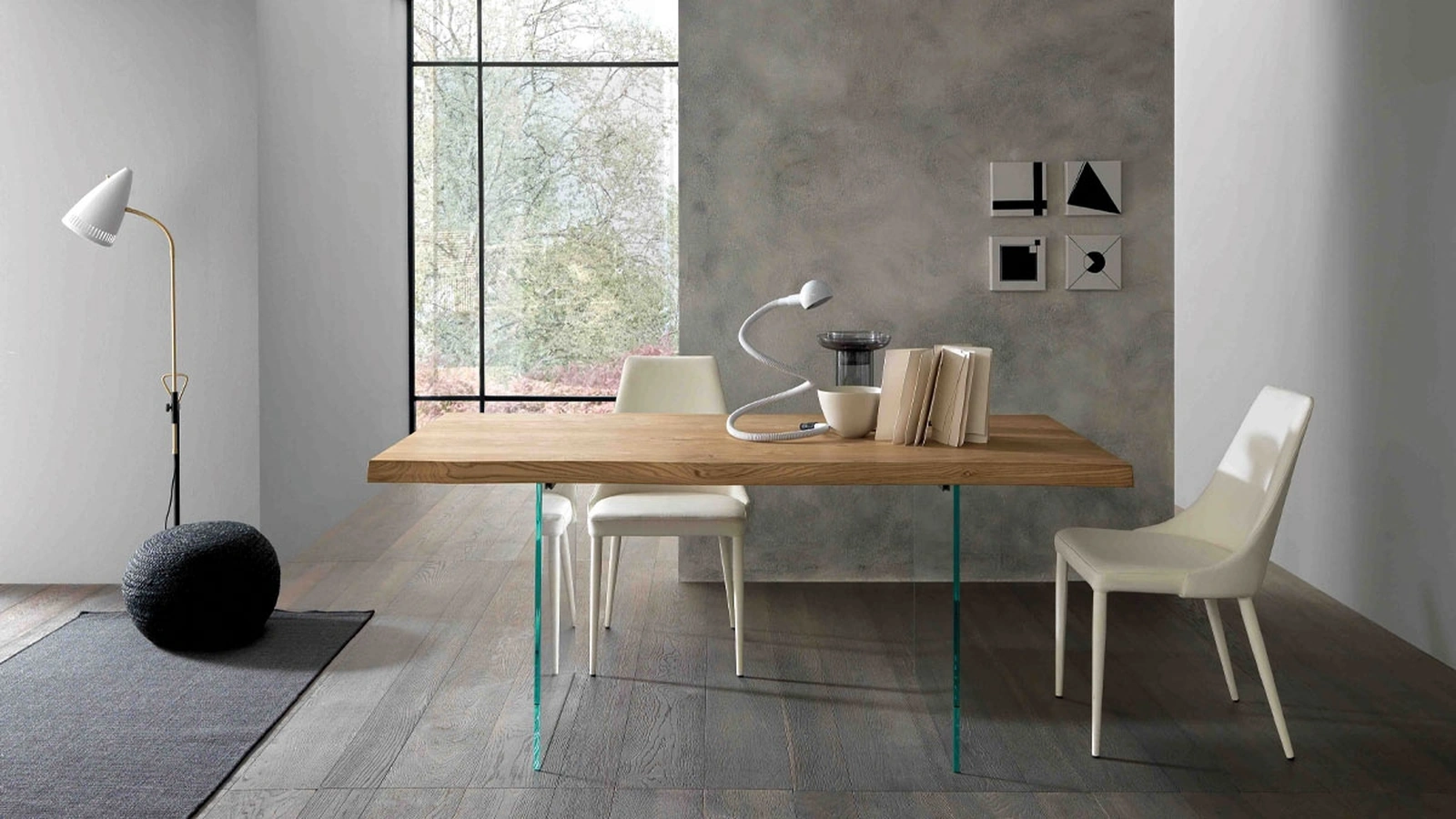 Meridiano rectangular table by Altacon with wooden top and glass legs