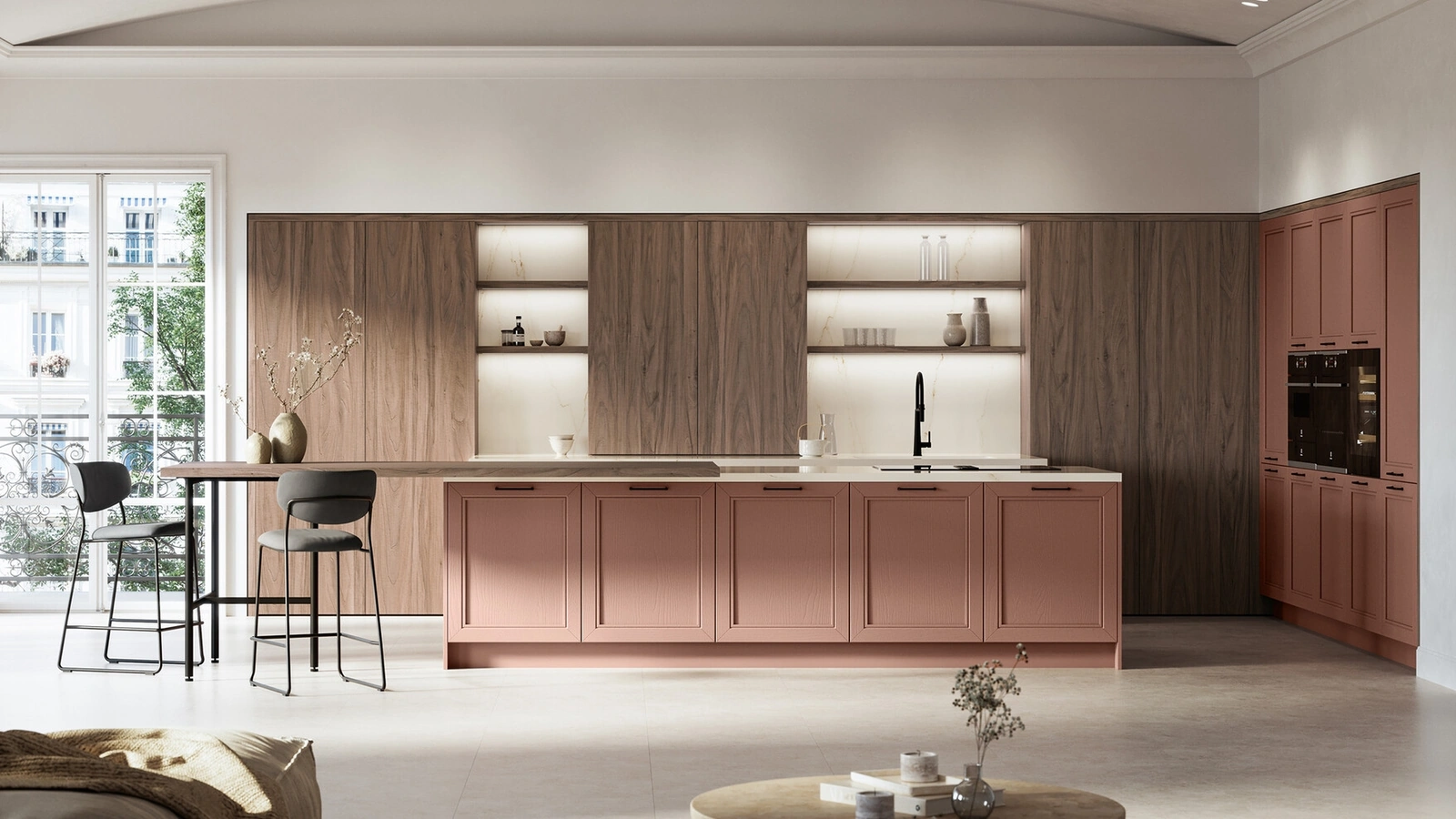 Classic Kitchen in Open-Pore Lacquered Finish with Opera Island by Arredo3