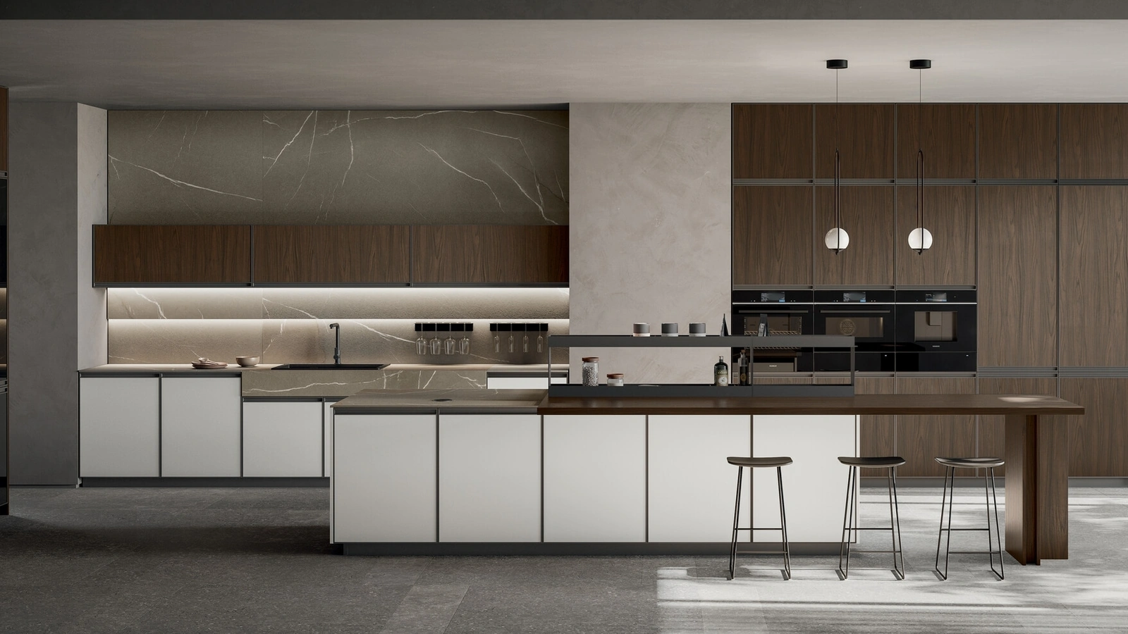 Modern Kitchen with Kronos 02 Island in White PET and Walnut Laminate by Arredo3