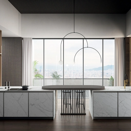 Modern Kitchen in Statuarietto Laminam with Kronos Peninsula by Arredo3