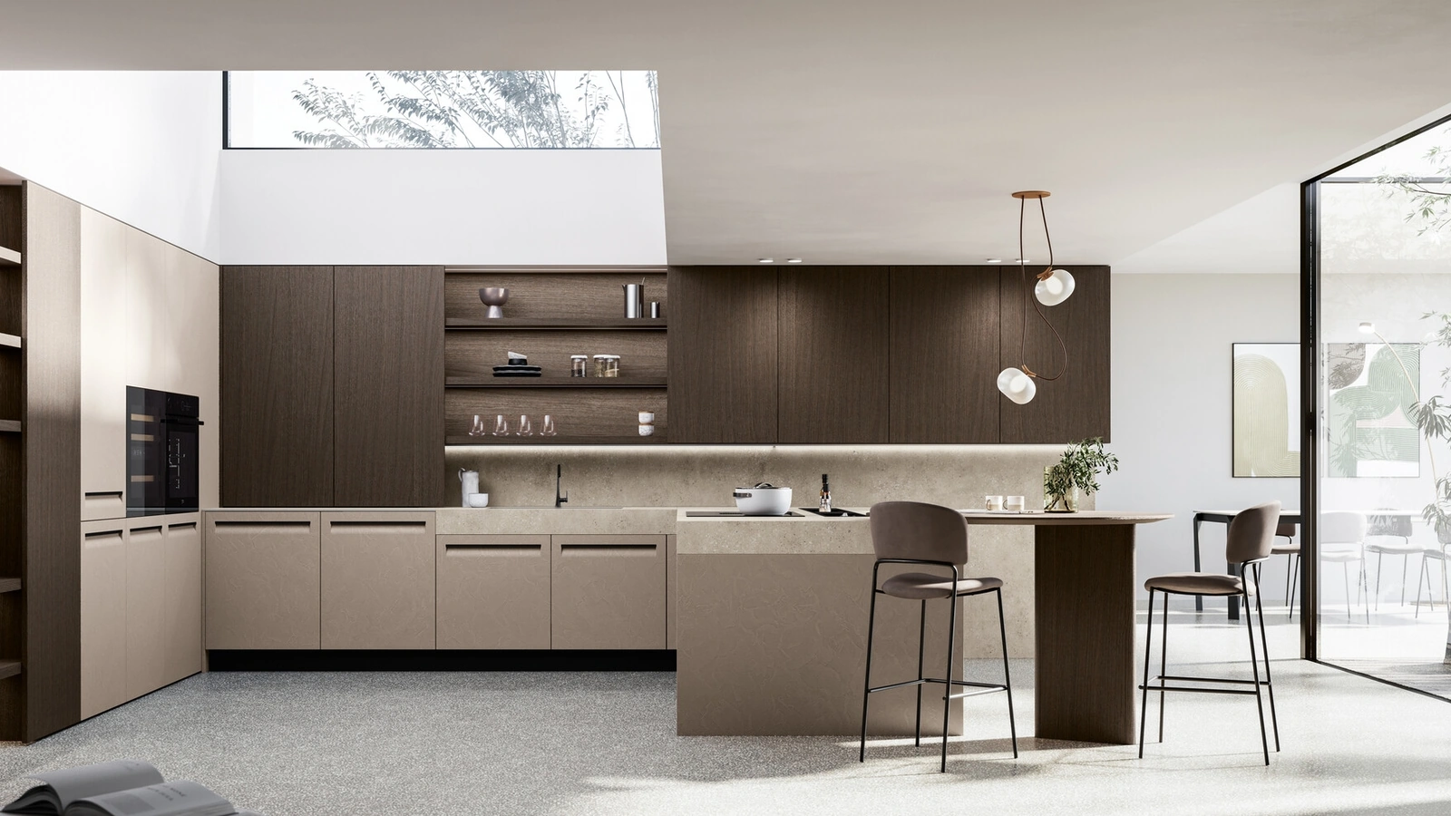 Modern Kitchen in PET and Walnut Veneer with Tekna Peninsula by Arredo3