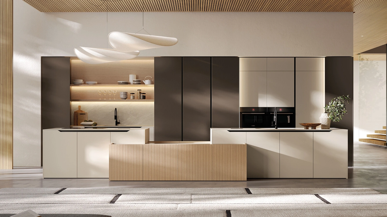Modern Kitchen in Lacquered and Veneered Finish with Arredo3's Time Island