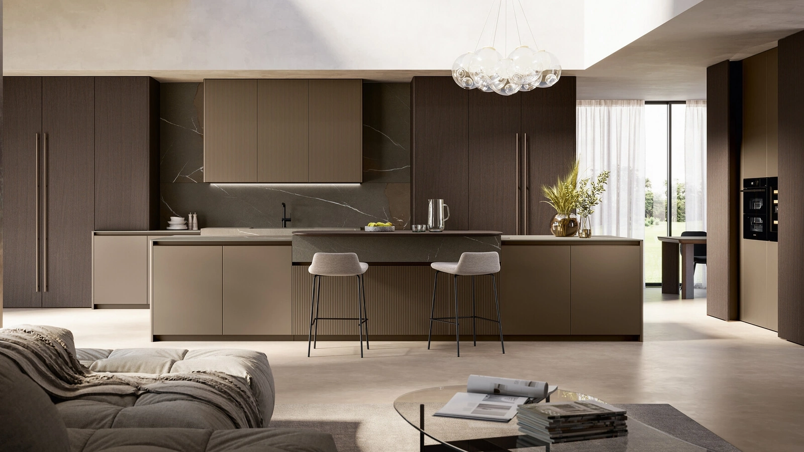 Modern Kitchen in Lacquered and Veneered Finish with Arredo3's Time Island