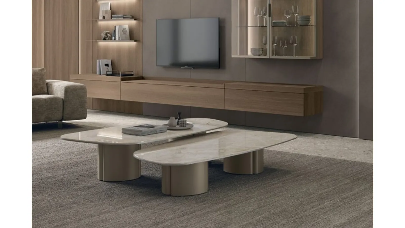 Nemo coffee table with stoneware top by Tomasella.