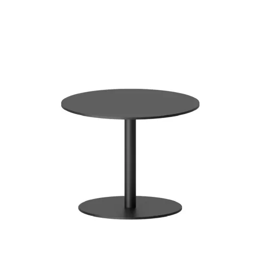 Round coffee table with laminate top and steel base by Infiniti.