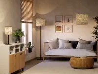 Butterburn suspension lamp in fabric with birch leaves by Eglo.