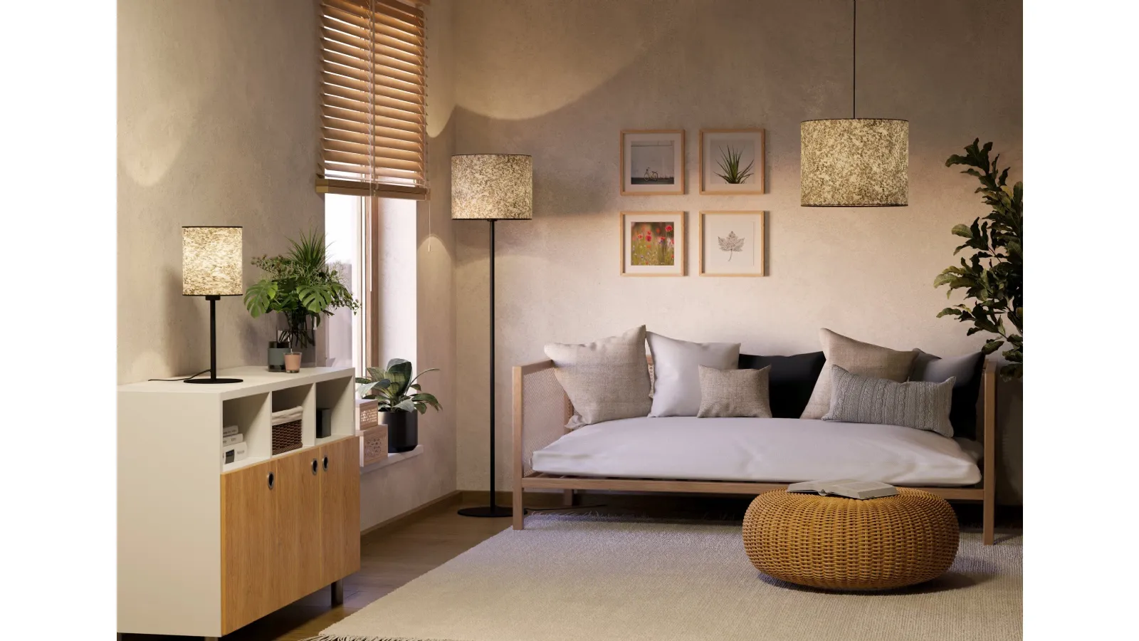 Butterburn suspension lamp in fabric with birch leaves by Eglo.