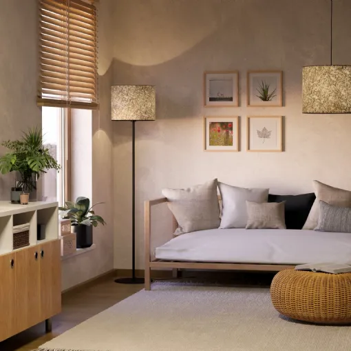 Butterburn suspension lamp in fabric with birch leaves by Eglo.