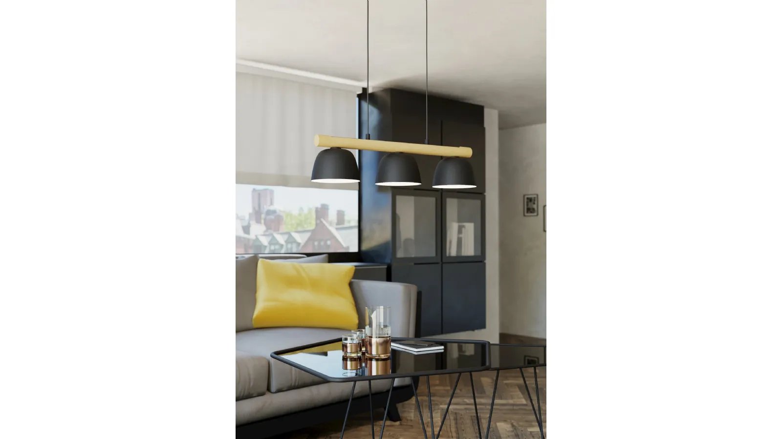 Sherburn suspension lamp in steel and wood by Eglo.