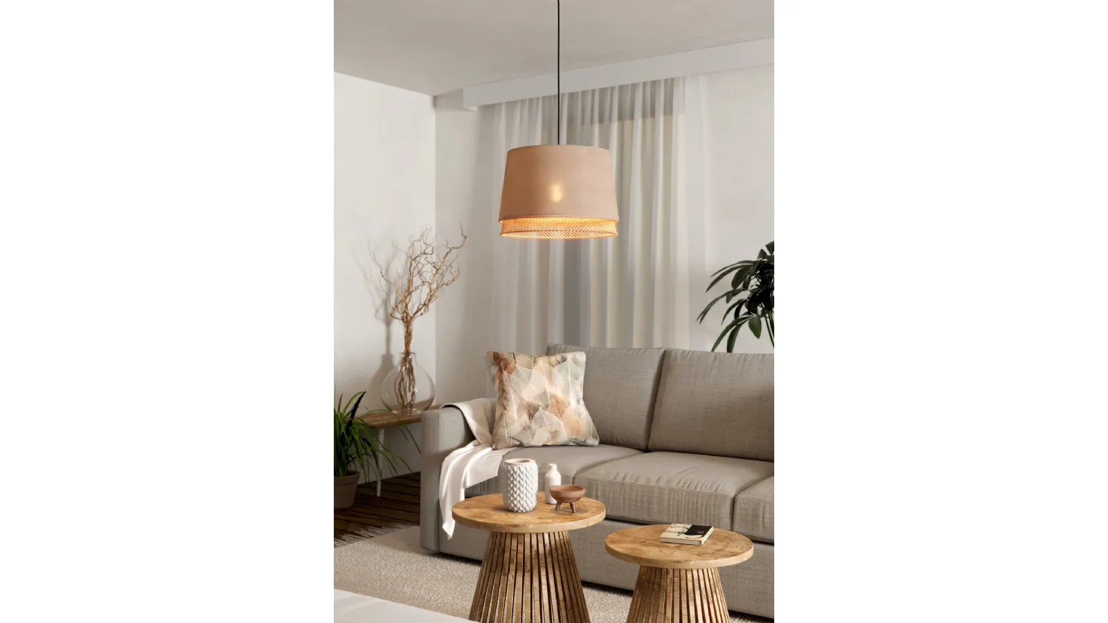 Tabley hanging lamp in fabric and wood by Eglo.