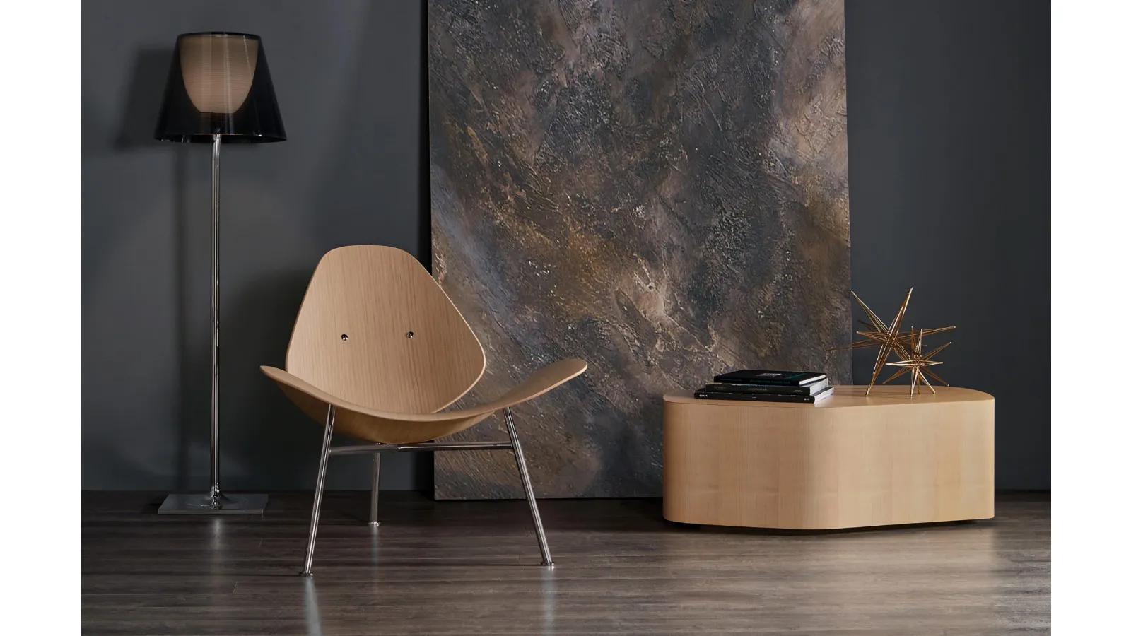 Design lounge armchair Kram in Natural Oak with a steel base by Infiniti.