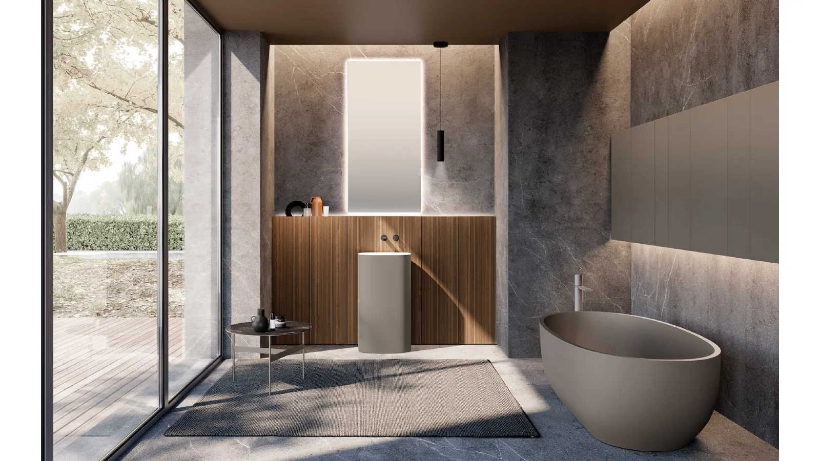 Bathroom Vanity M2 System 232 in Eucalyptus veneered wood and lacquered Baxar sink.