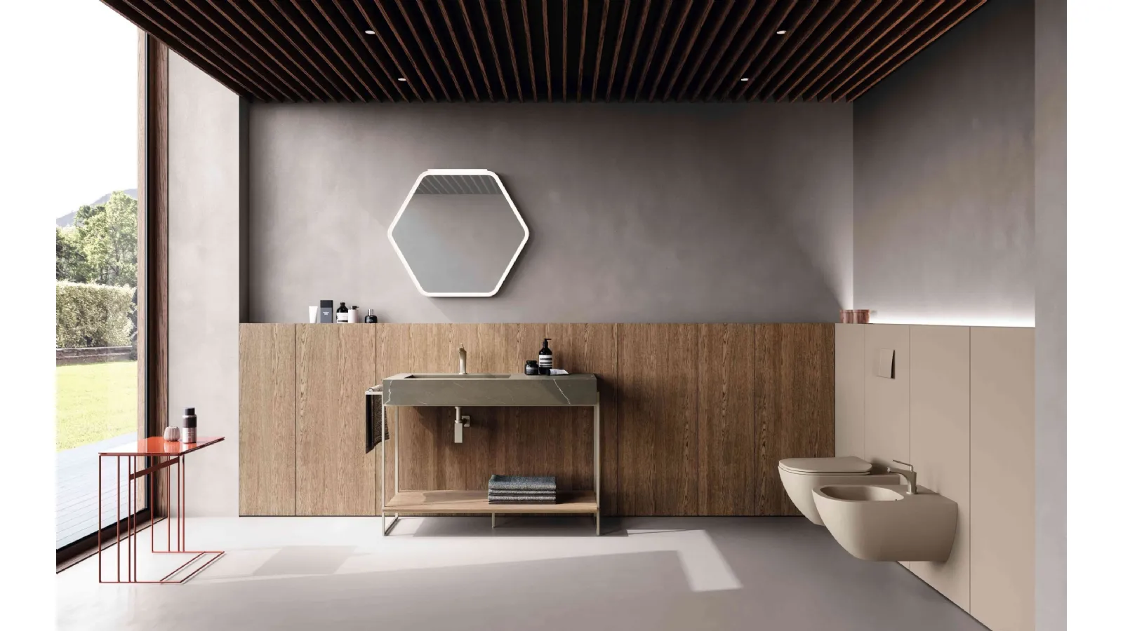 Bathroom Cabinet M2 System 241 in oat oak and Baxar stoneware.