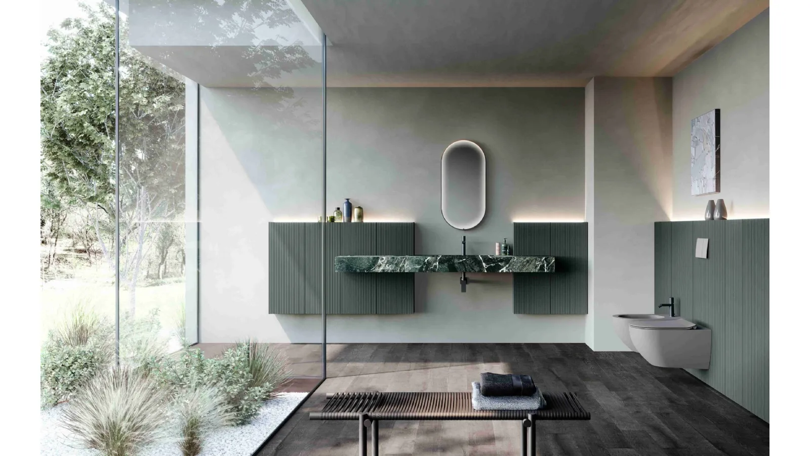 Suspended bathroom cabinet M2 System 242 in lacquered and gres of Baxar.