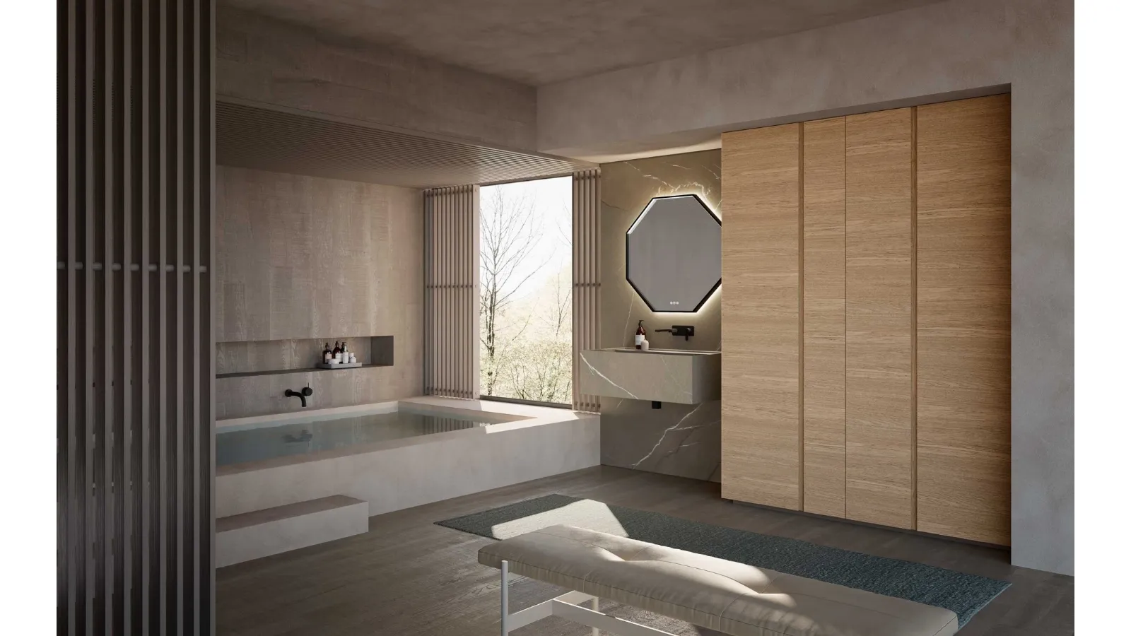Bathroom mobile M3 System 308 in Piasentina stone gres and Baxar wood.