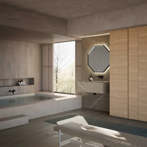 Bathroom mobile M3 System 308 in Piasentina stone gres and Baxar wood.