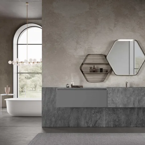 Suspended Bathroom Mobile M3 System 313 in lacquered and Baxar stoneware.