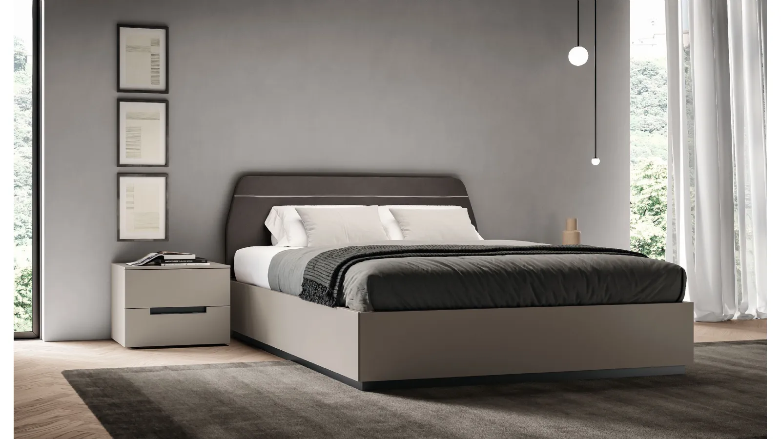 Soft bed with padded headboard by Spagnol Mobili.