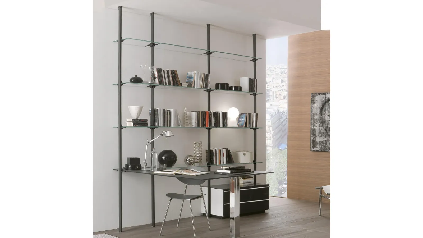 Liverpool bookcase with metal uprights and shelves and glass desk by Ponti Terenghi.