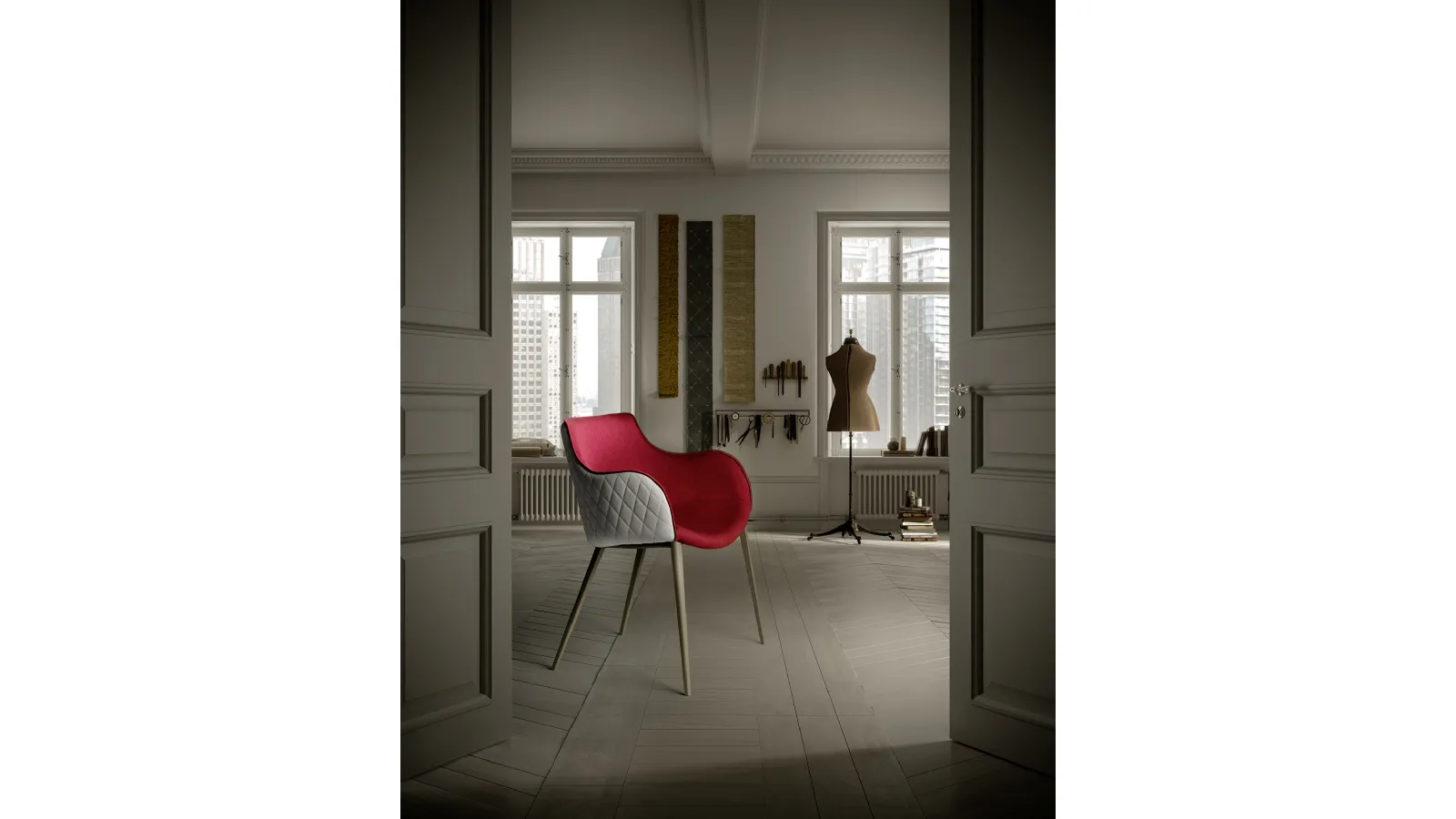 Duke B chair in two-tone quilted fabric and leather by Zamagna