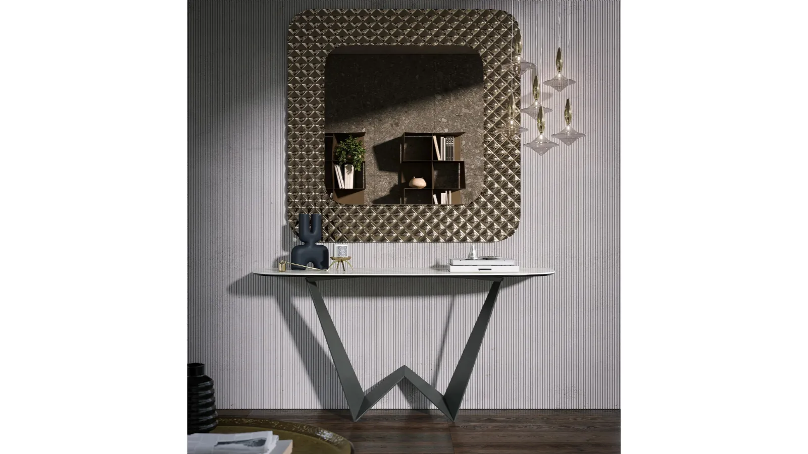 Mobile entrance console Reverse with porcelain stoneware top by Tonin Casa.