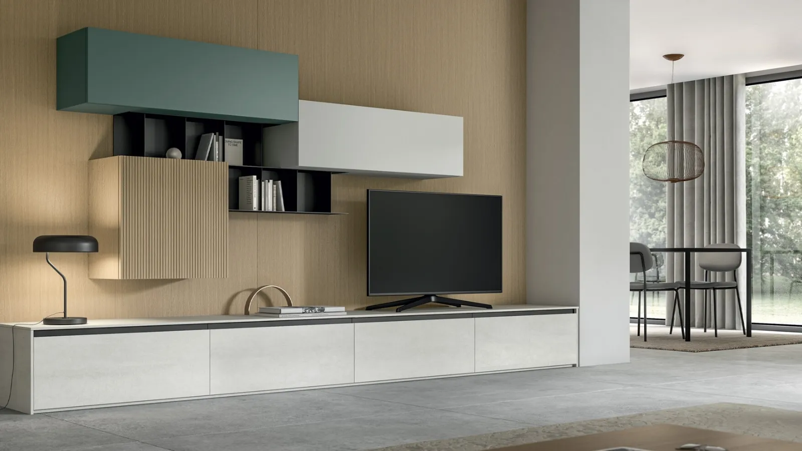 Living Glass Wall Unit in Pietra di Savoia Laminam and Arredo3 Veneer