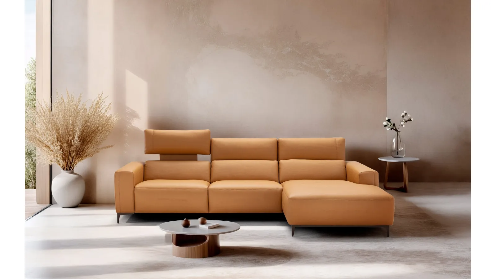 Relax leather sofa with peninsula Bertè by Franco Ferri.