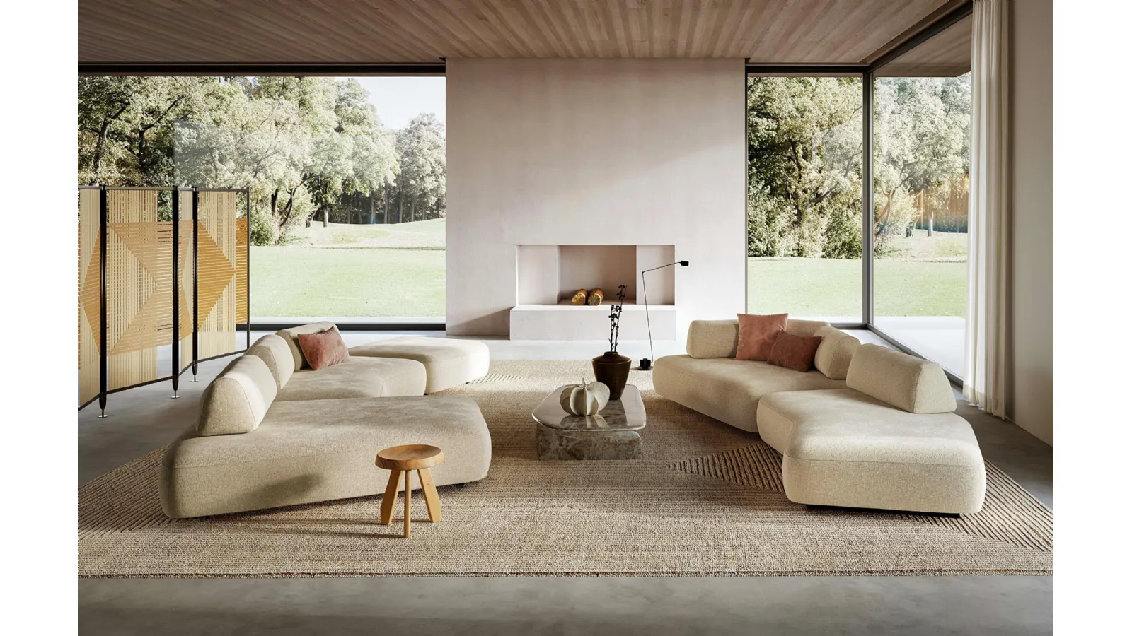 Living room in Capriccio fabric with peninsula and linear by Le Comfort.