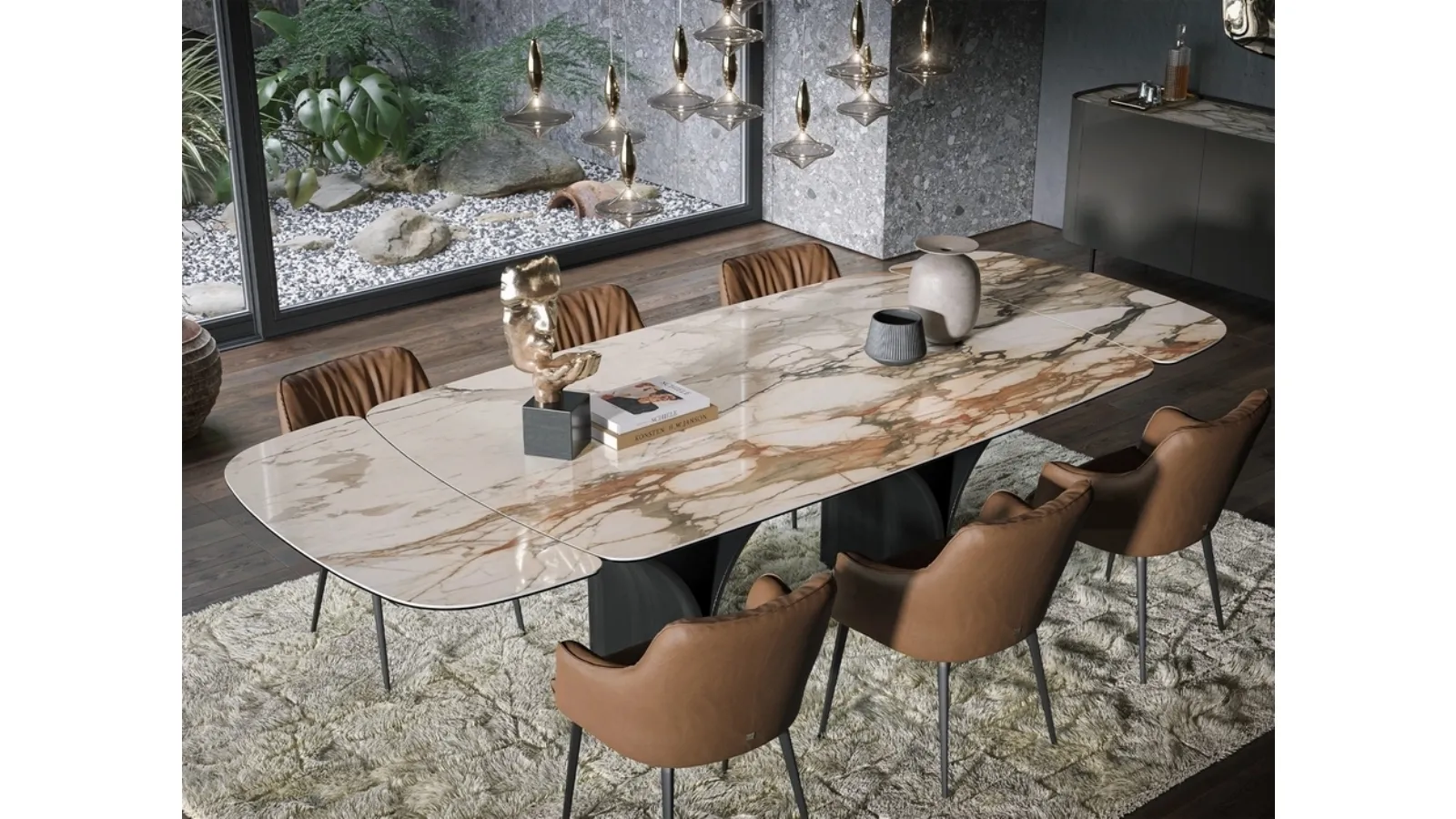 Extendable Arco Ext table in marble-effect ceramic by Tonin Casa.