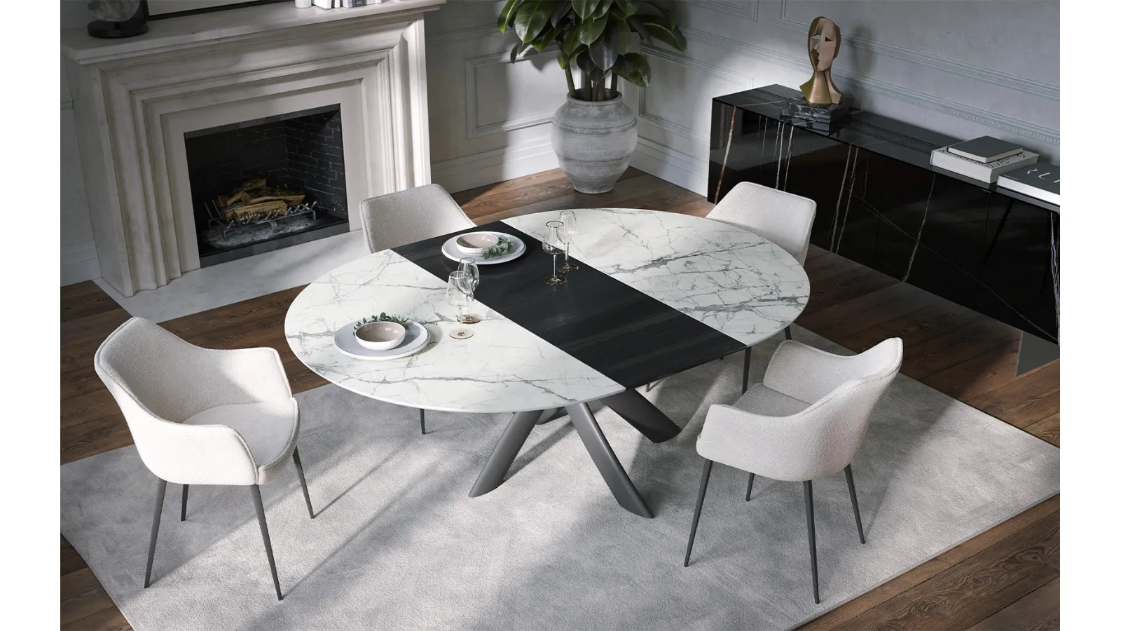 Extendable Style Round Ext table in ceramic with wooden extension by Tonin Casa.