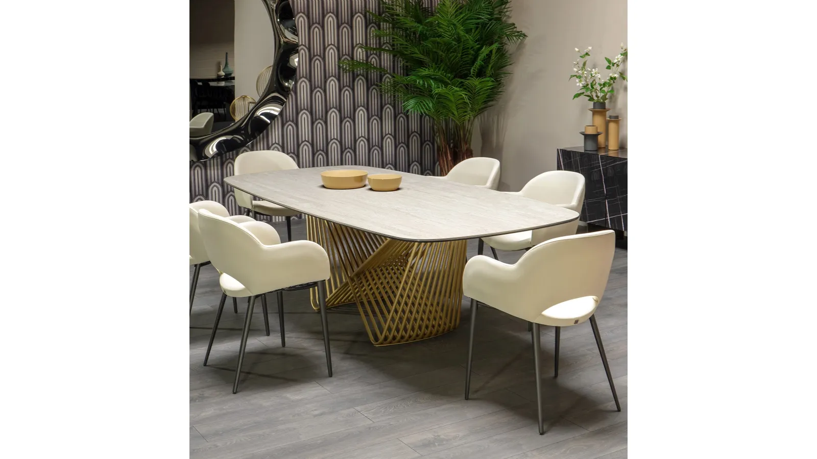 Tension table with travertine stoneware top by Tonin Casa