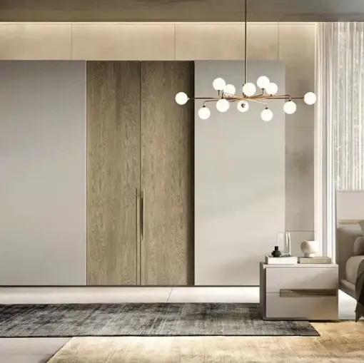 Wardrobe with sliding and hinged doors Libeccio Combinato C256 in lacquered and veneered Moretti Compact oak Day Night