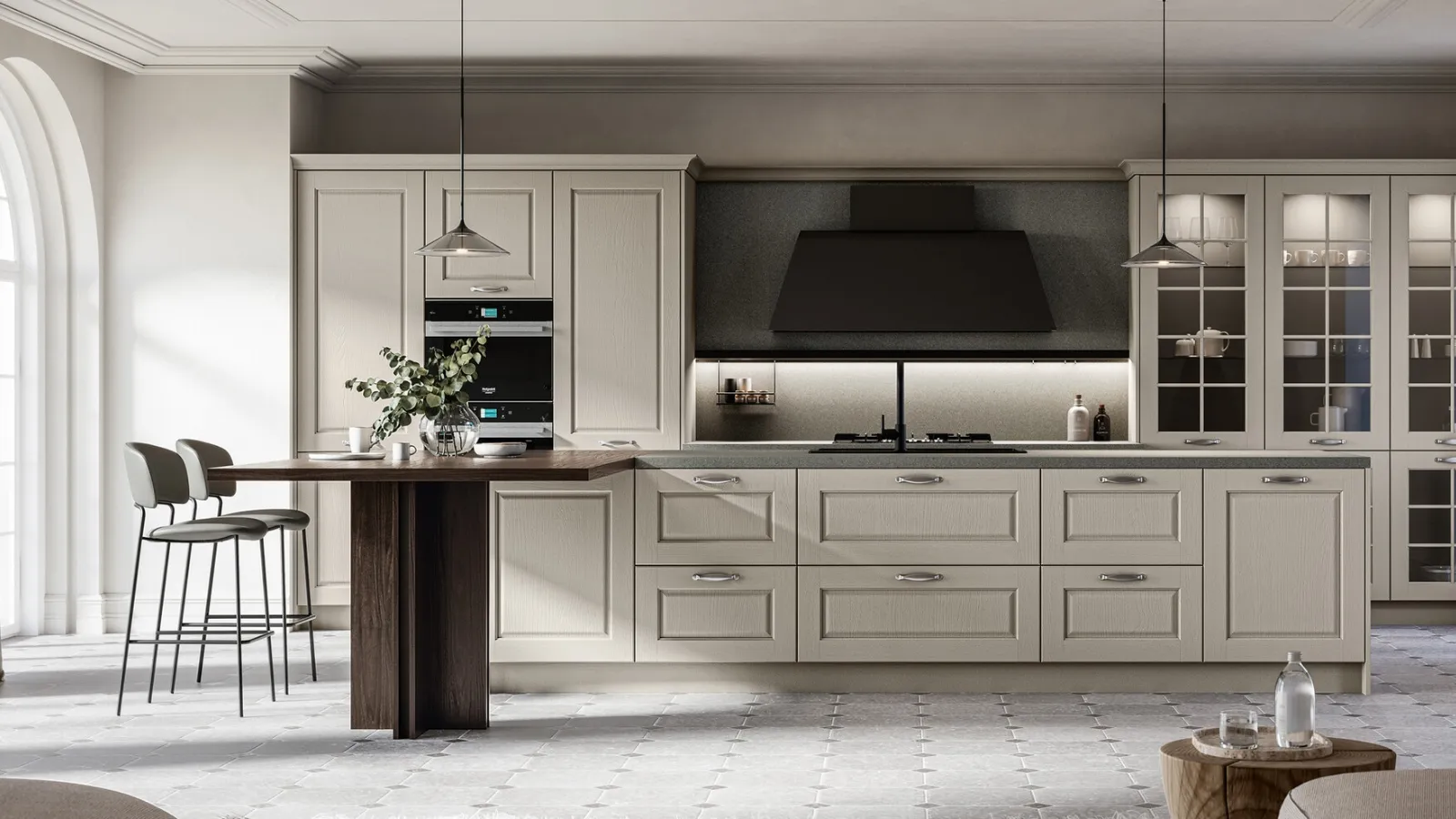 Classic kitchen with Asolo 03 island in lacquered and laminated finish by Arredo3