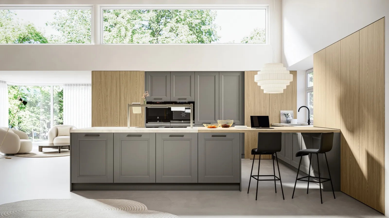 Classic kitchen with Gioiosa 01 peninsula in lacquered and laminated finish by Arredo3.