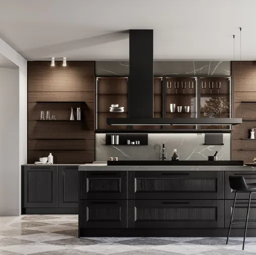 Classic kitchen with Gioiosa 02 island in black lacquer and walnut by Arredo3.