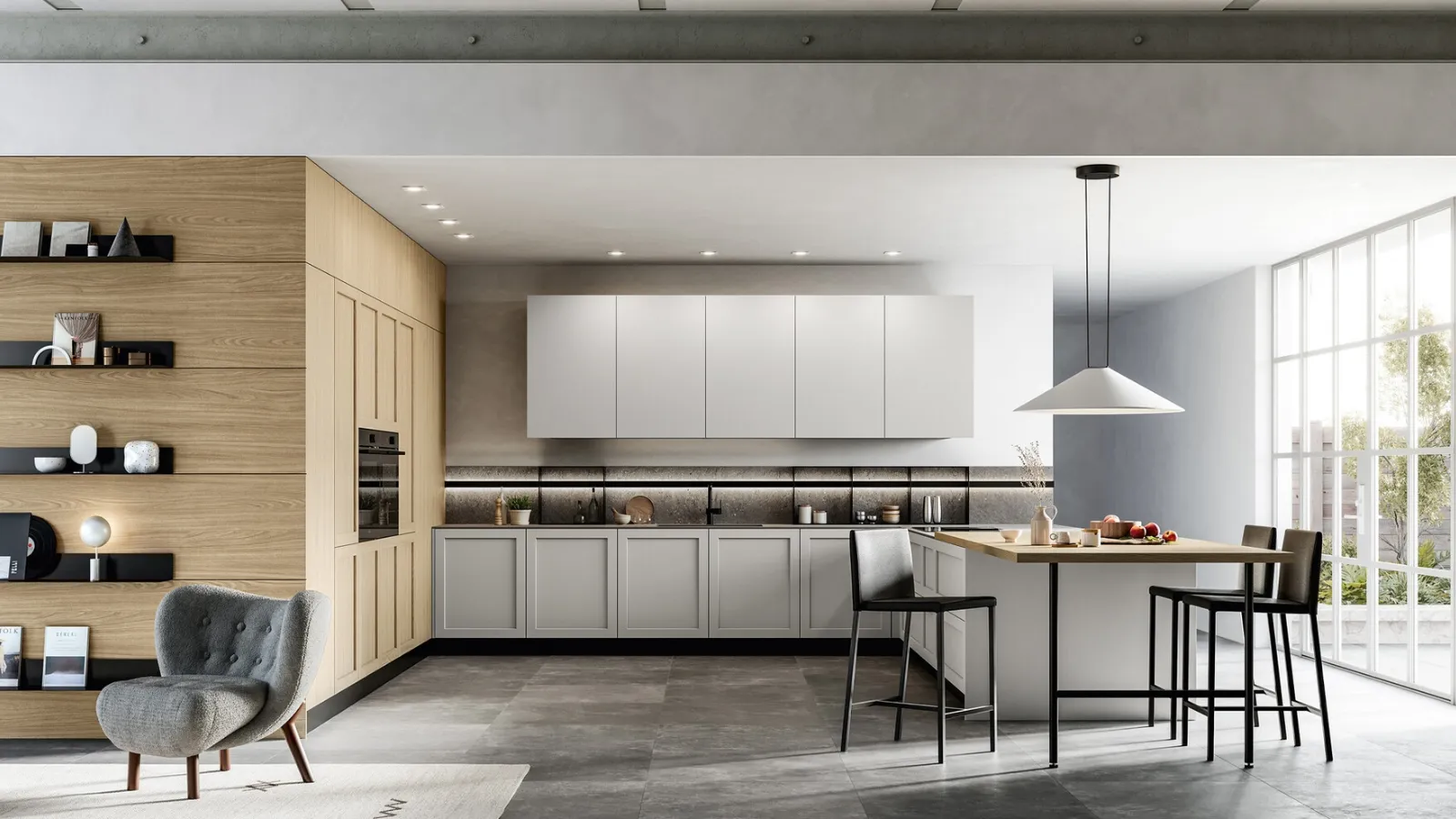 Modern kitchen with Alma 01 peninsula in PET and laminate by Arredo3
