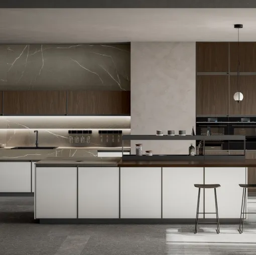 Modern Kitchen with Kronos 02 Island in White PET and Walnut Laminate by Arredo3