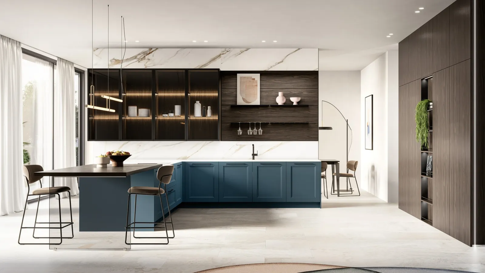 Modern kitchen with peninsula Meg 01 in lacquered and laminated Arredo3.