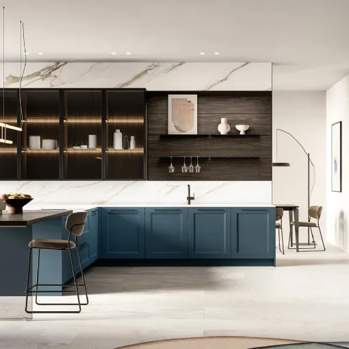 Modern kitchen with peninsula Meg 01 in lacquered and laminated Arredo3.