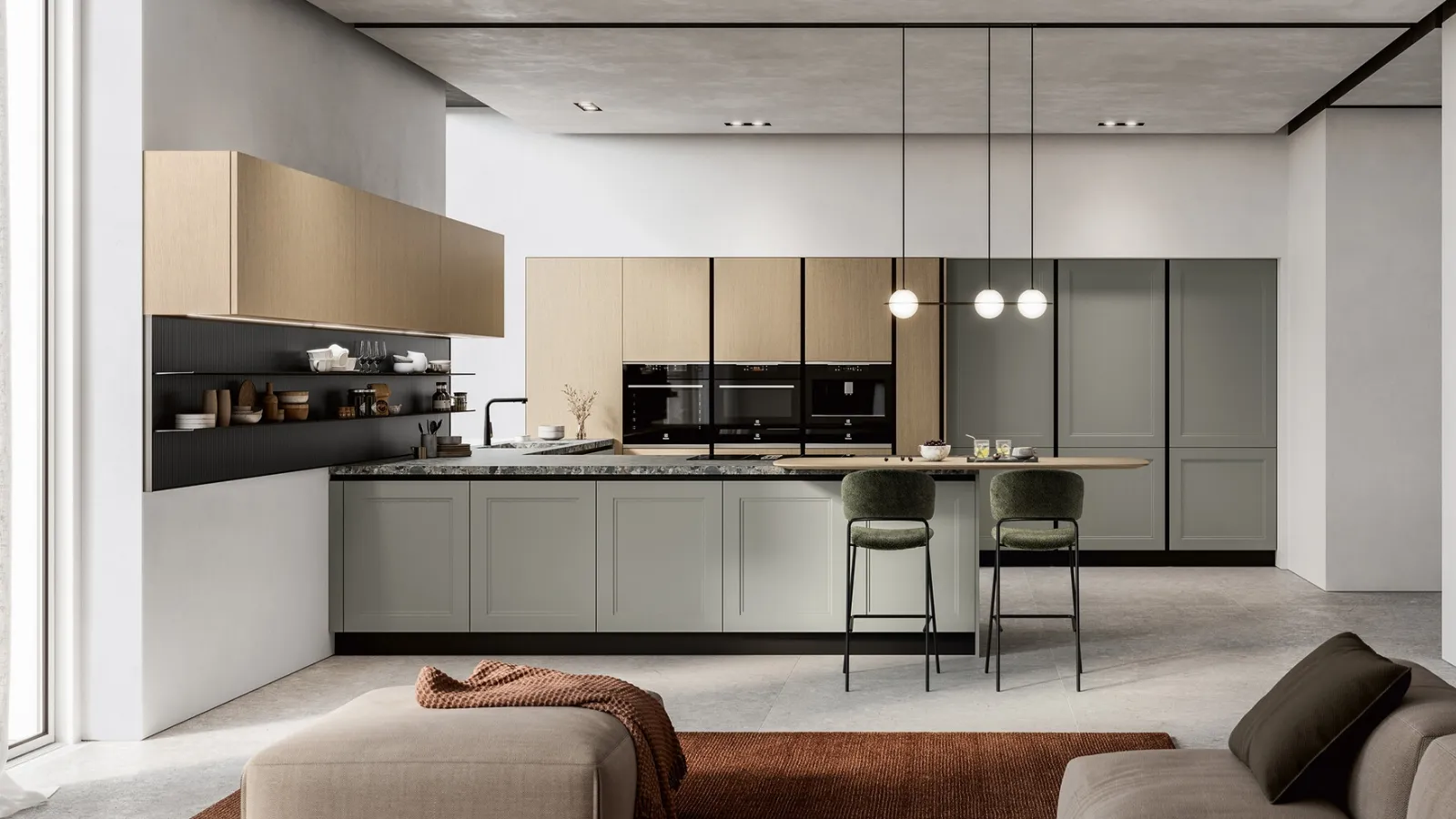 Modern kitchen with Meg 02 peninsula in lacquered and wood by Arredo3.