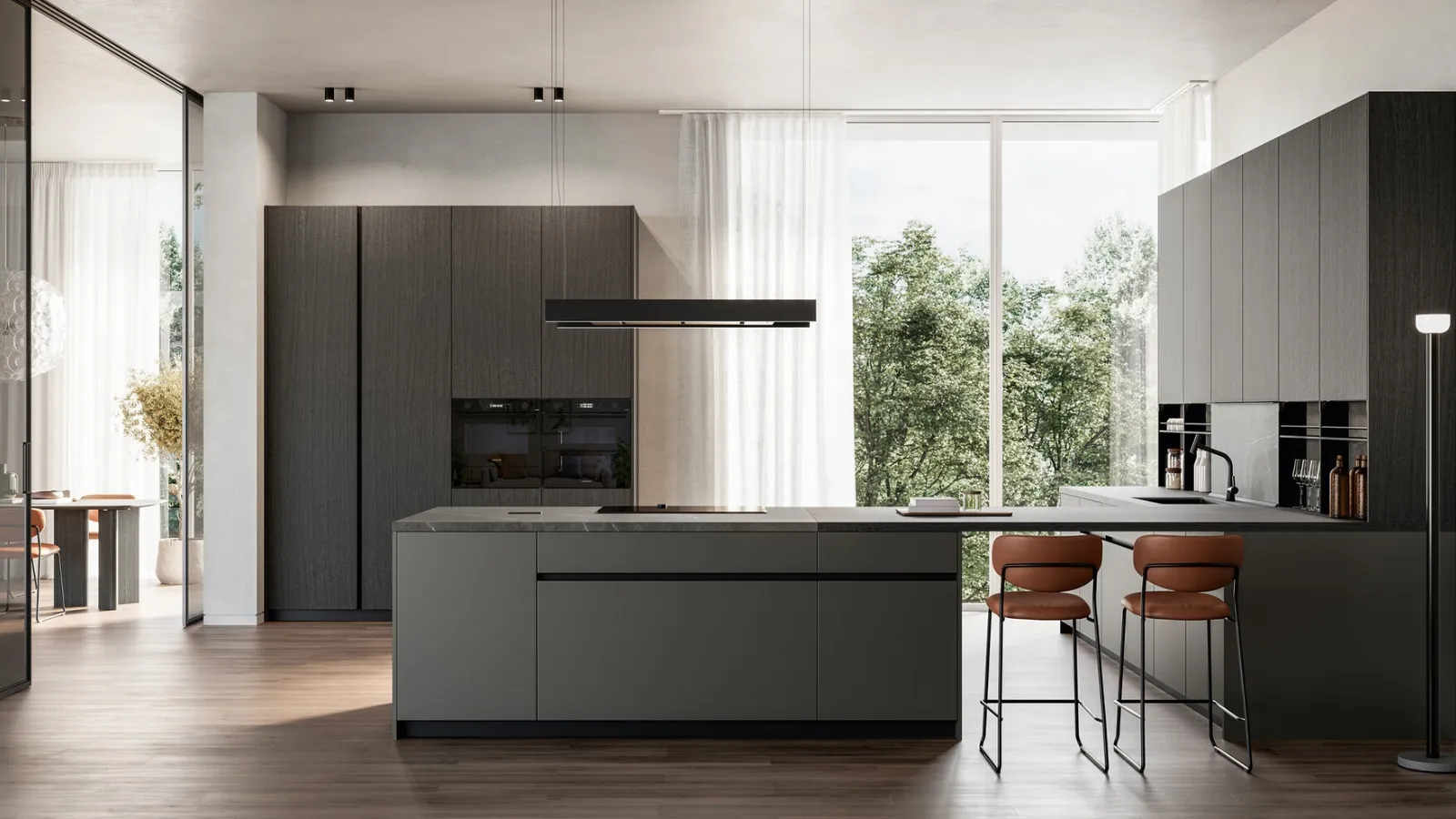 Modern Time 02 kitchen with peninsula in metallic lacquer and Arredo3 wood.