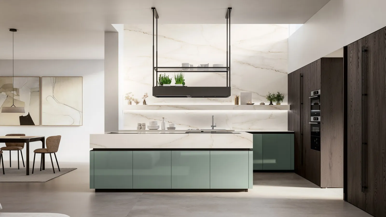 Modern kitchen with Time 04 island in glossy lacquer and ebony oak by Arredo3.
