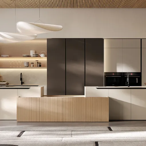 Modern Kitchen in Lacquered and Veneered Finish with Arredo3's Time Island
