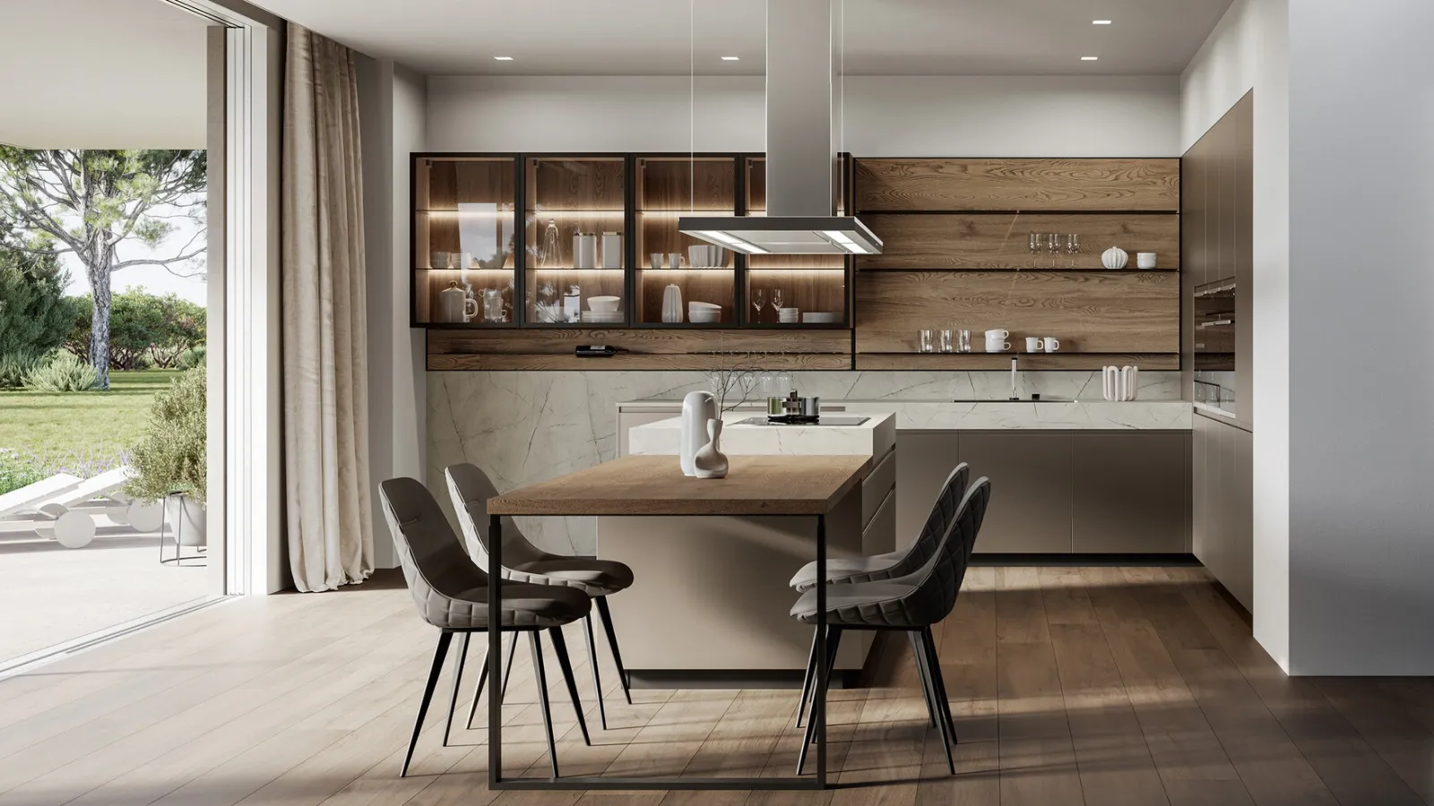 Modern kitchen with Wega 02 island in metallic lacquer and oak by Arredo3.