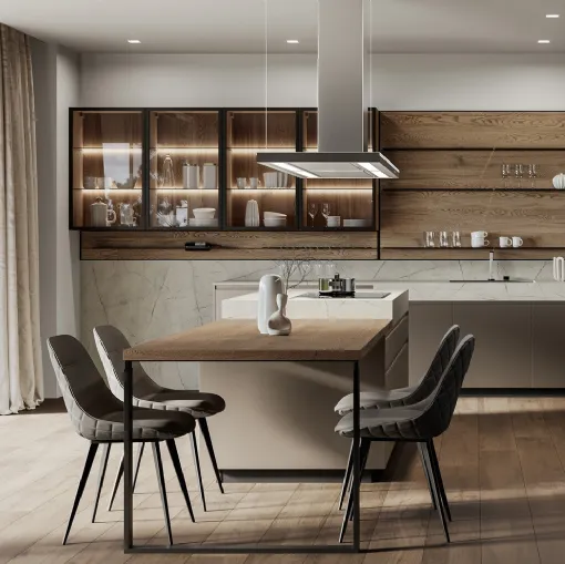 Modern kitchen with Wega 02 island in metallic lacquer and oak by Arredo3.