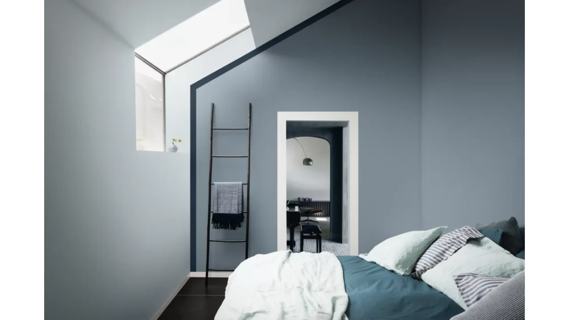 attic with blue walls